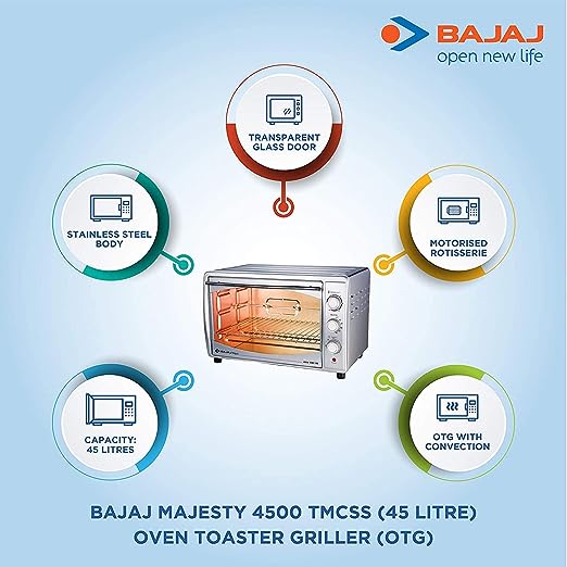 Bajaj Majesty 4500 TMCSS 45 Litre Oven Toaster Grill (45 Litres OTG) with Motorised Rotisserie & Convection Fan, Stainless Steel Body & Transparent Glass Door, 2 Year Warranty, Silver Bajaj Majesty 4500 TMCSS 45 Litre Oven Toaster Grill (45 Litres OTG) with Motorised Rotisserie & Convection Fan, Stainless Steel Body & Transparent Glass Door, 2 Year Warranty, Silver
